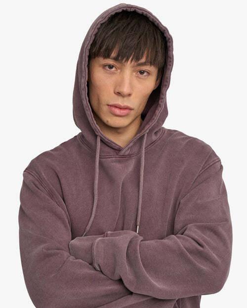 Colorful Standard Classic Organic Hoodie Herren Faded Grape am Model – Detailansicht